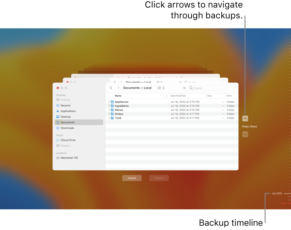 The Time Machine window showing multiple Finder screens stacked to represent backups, with arrows for navigation. Arrows and the backup timeline on the right help you navigate through your backups so you can choose which files to restore.