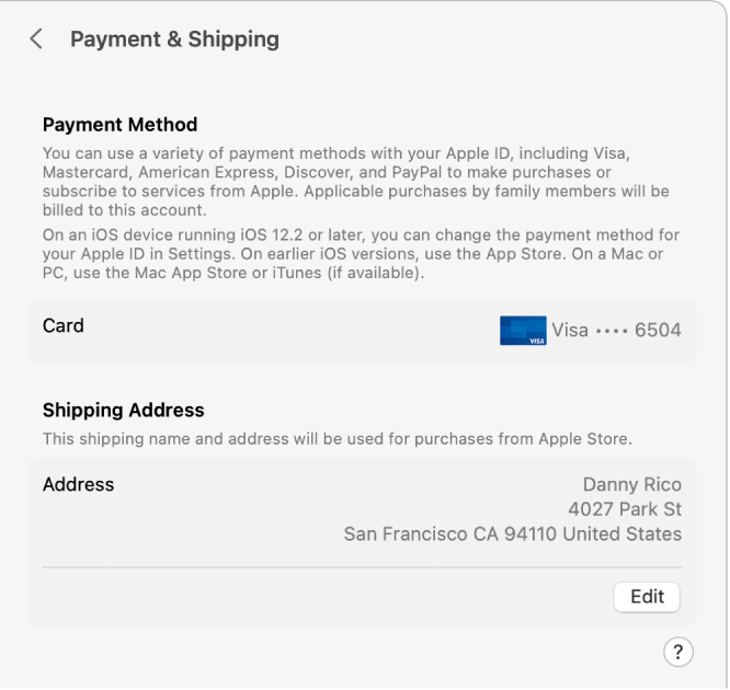 Apple ID settings showing the Payment & Shipping settings for an existing account.