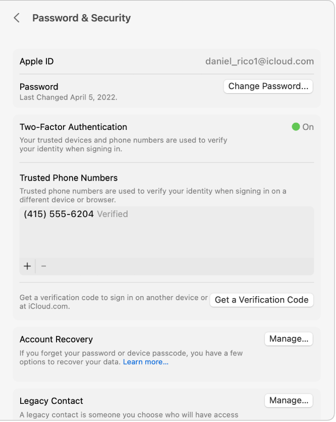 Apple ID settings showing the Password & Security settings for an existing account.