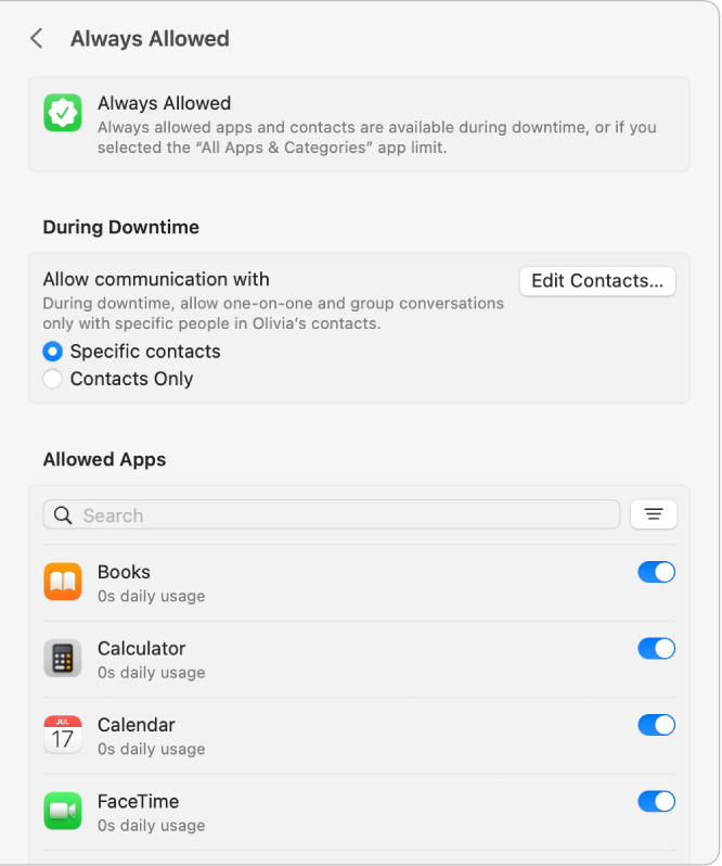 Always Allowed settings in Screen Time with downtime communication options selected and allowed apps sorted by state.