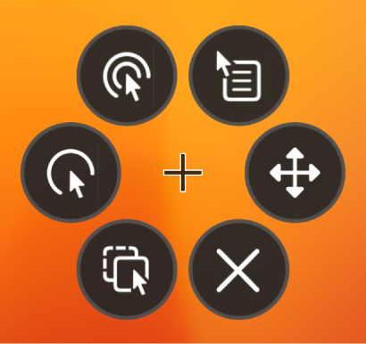 The circular Options menu whose buttons include, from the top right and moving clockwise, Right Click, Scroll Menu, Close, Drag and Drop, Left Click, and Double Click.