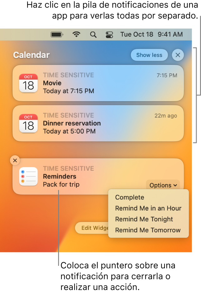 Las notificaciones en la esquina superior derecha del escritorio, incluido un grupo abierto de dos notificaciones de Recordatorio con un botón Mostrar menos para contraer el grupo, y una notificación de Calendario con un botón Posponer.