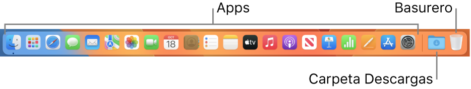 El Dock mostrando íconos de apps, la pila de Descargas, y el Basurero.