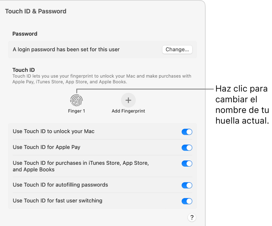 La configuración de Touch ID y contraseña mostrando una huella digital lista para usarse para desbloquear la Mac.