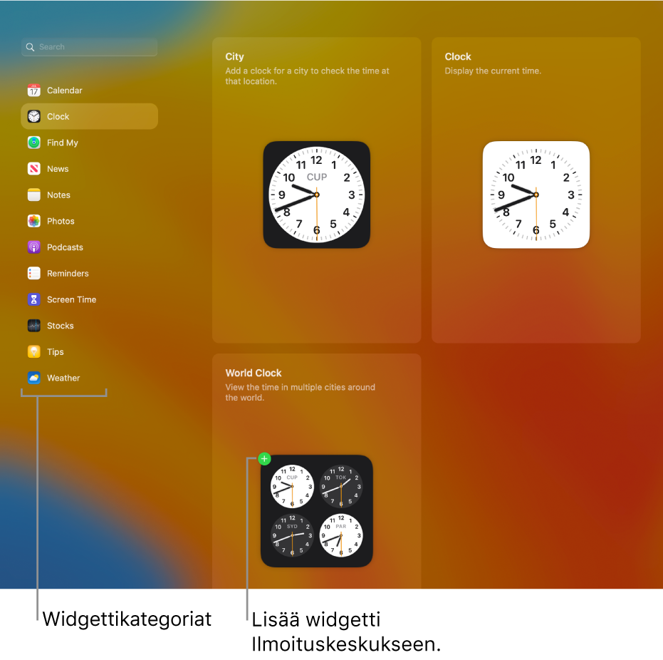 Widgettikategorioiden luettelo, jossa Kello-kategoria on valittuna. Näytöllä näkyvät Kaupunki-, Kello- ja Maailmankello-widgetit. Maailmankellon vieressä näkyvä vihreä plusmerkkki osoittaa, että sen voi lisätä Ilmoituskeskukseen.