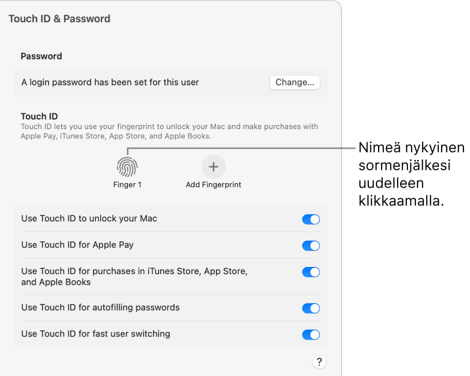 Touch ID ja salasana ‑asetukset, joissa näkyy, että sormenjälki on valmiina ja että sitä voidaan käyttää Macin avaamiseen.