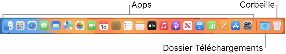 Le Dock affichant les icônes d’apps, la pile Téléchargements et la corbeille.