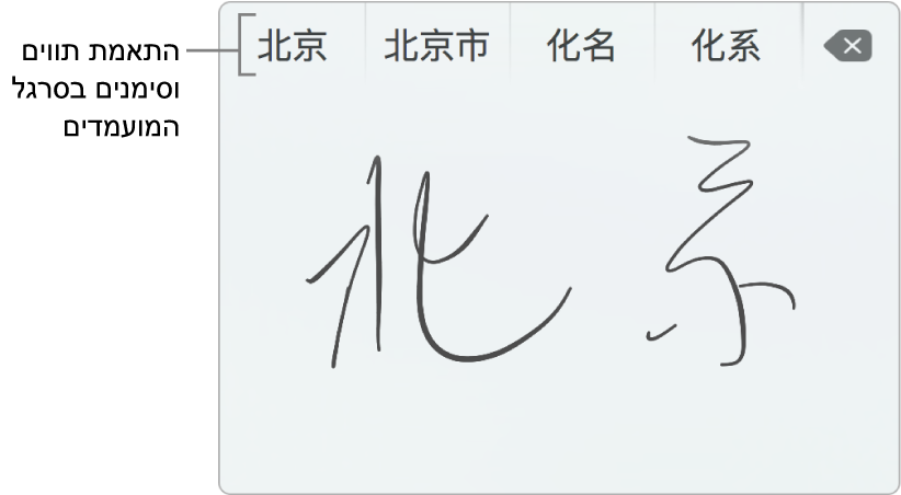 חלון משטח מגע של כתב יד המציג את המילה ״בייג׳ינג״ שנכתבה בכתב יד, בסינית מופשטת. תוך כדי שרטוט הקווים על משטח המגע, סרגל המועמדים (בחלק העליון של החלון ״כתב יד של משטח המגע״) מציג את התווים והסמלים שעשויים להתאים. הקש/י על מועמד כדי לסמן אותו.