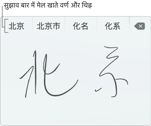 सरलीकृत चीनी में हस्तलिखित “बीजिंग” शब्द दिखाती ट्रैकपैड हस्तलेखन विंडो। जैसे ही आप ट्रैकपैड पर स्ट्रोक्स बनाते हैं, तो कैंडिडेट बार (ट्रैकपैड हस्तलेखन विंडो के शीर्ष पर) संभावित मेल खाते वर्ण और चिह्न दिखाता है। चुनने के लिए किसी एक पर टैप करें।