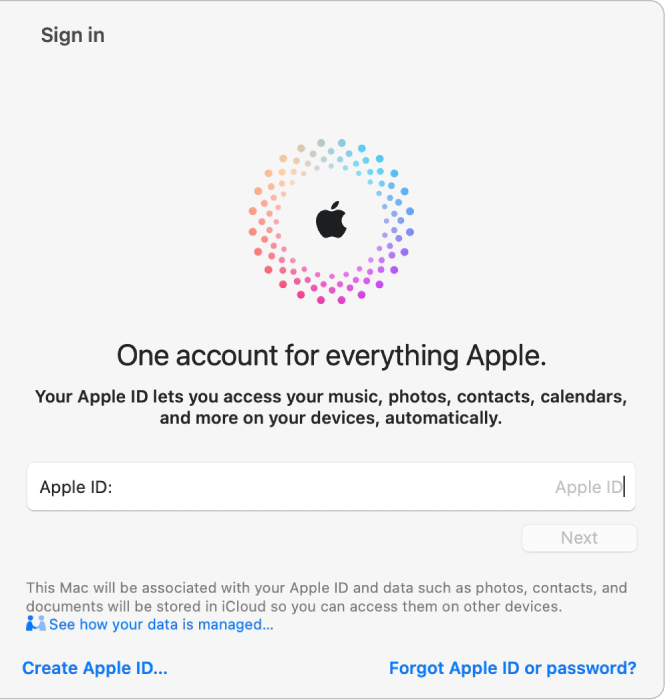आपकी Apple ID दर्ज करने के लिए टेक्स्ट फ़ील्ड के साथ Apple ID साइन इन विंडो।