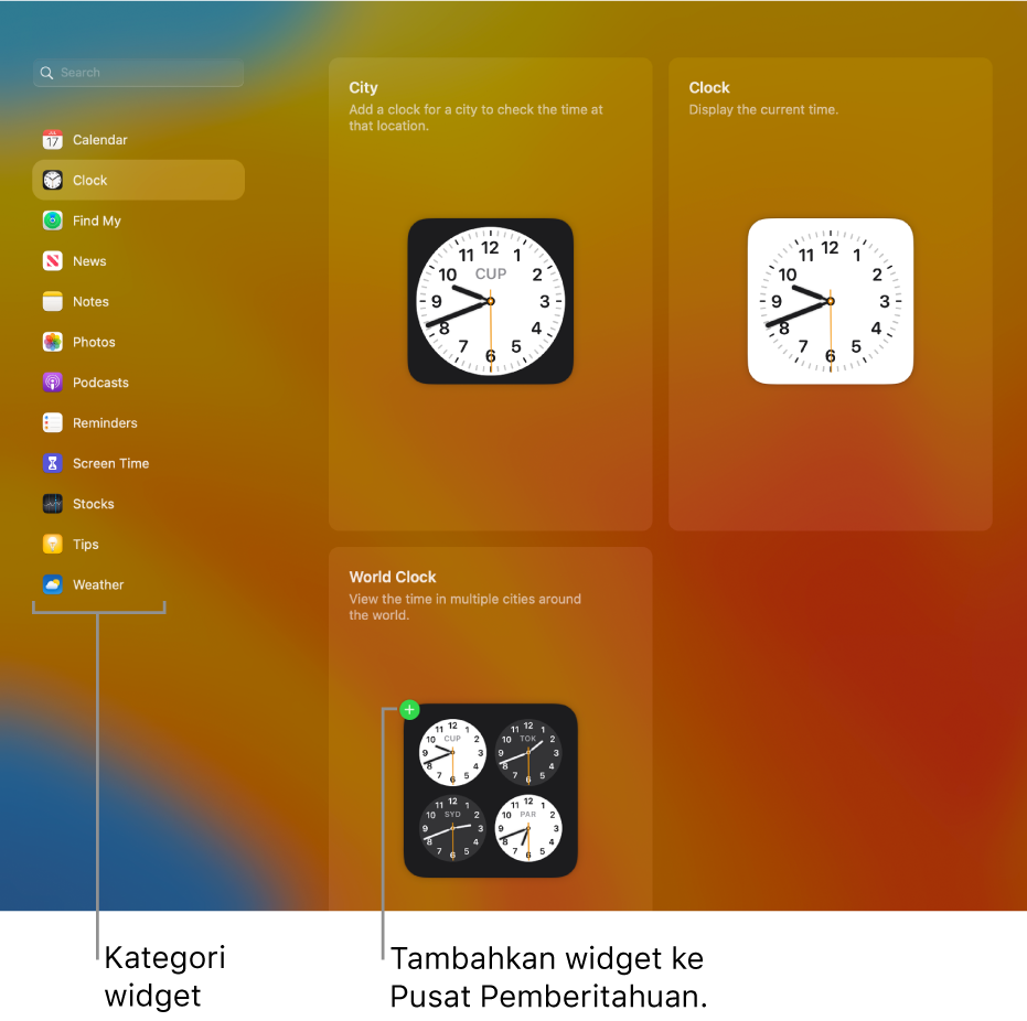 Daftar kategori widget, dengan kategori Jam dipilih. Widget Kota, Jam, dan Jam Dunia ditampilkan. Tanda tambah hijau di Jam Dunia menandakan bahwa ini dapat ditambahkan ke Pusat Pemberitahuan.