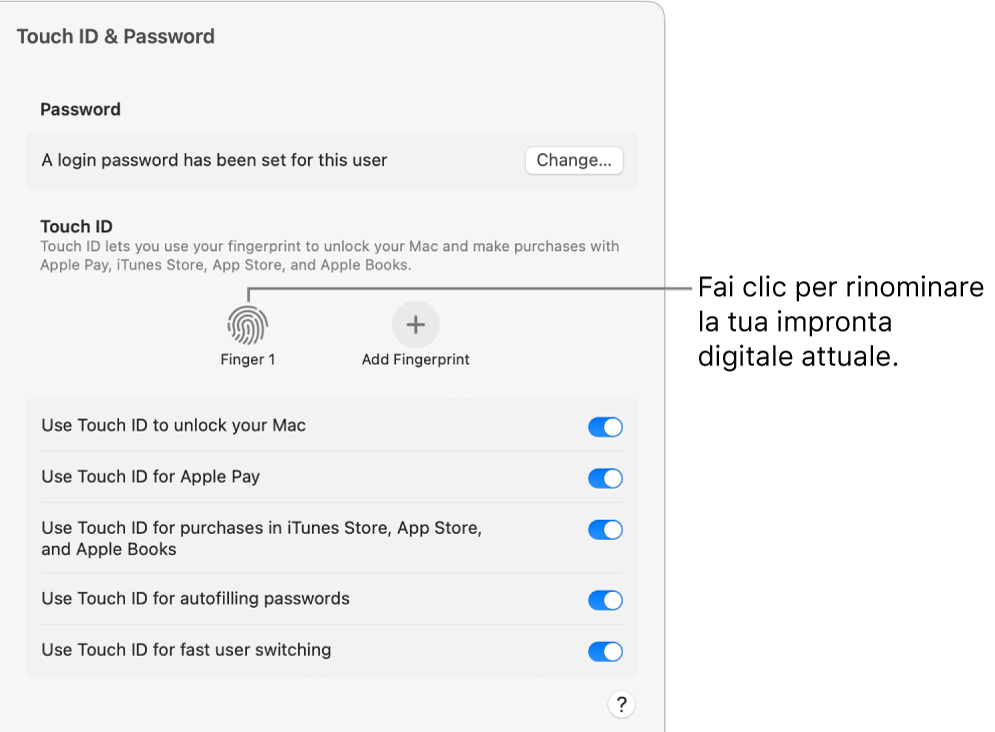 Le impostazioni “Touch ID e Password” che mostrano che l'impronta digitale è pronta e può essere utilizzata per sbloccare il Mac.