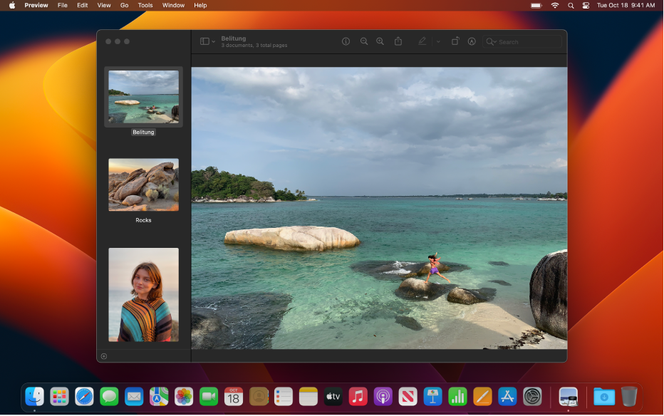 ダークの外観に設定されたMacのデスクトップ。ダークになったアプリケーションウインドウ、Dock、およびメニューバーが表示されています。