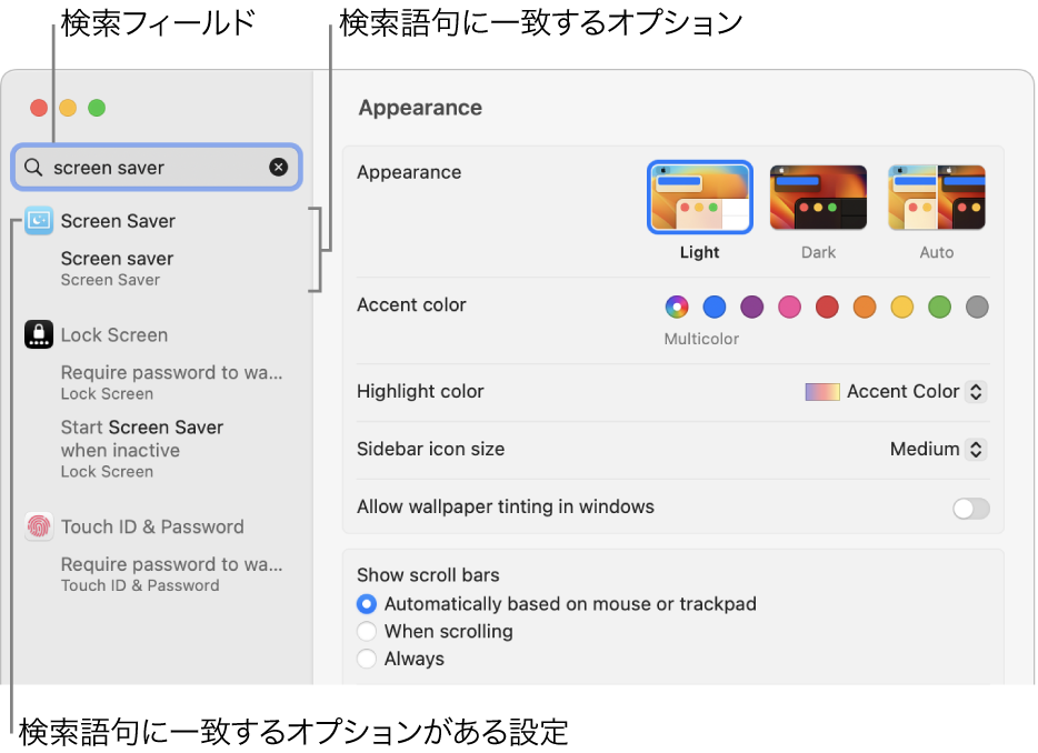 「システム設定」ウインドウ。検索フィールドに「スクリーンセーバ」と入力され、検索フィールドの下に検索結果に一致するリストが表示されています。