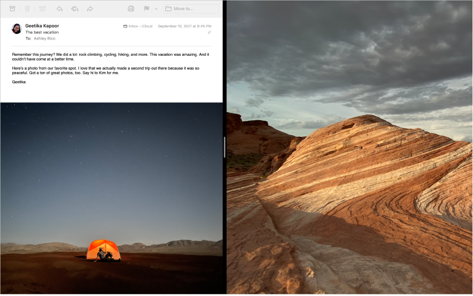 Split Viewの左側に「メール」アプリケーション、右側に「写真」アプリケーションが表示されています。