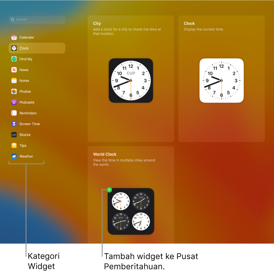 Senarai kategori widget, dengan kategori Jam dipilih. Widget Bandar, Jam dan Jam Dunia ditunjukkan. Tanda tambah berwarna hijau pada Jam Dunia menunjukkan bahawa ia boleh ditambah ke Pusat Pemberitahuan.