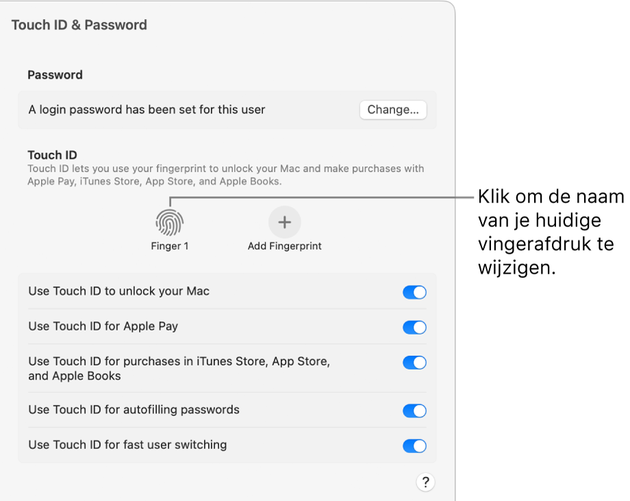 De instellingen voor 'Touch ID en wachtwoord', met een voltooide vingerafdruk waarmee de Mac kan worden ontgrendeld.