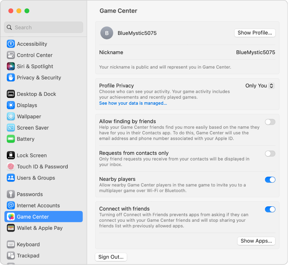 Een Game Center-account die is geselecteerd in 'Internetaccounts'. Rechts worden gamevrienden weergegeven.