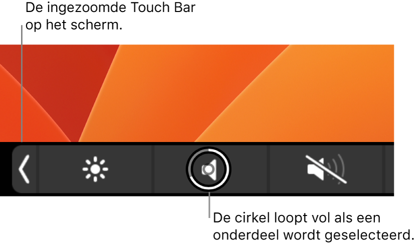 De ingezoomde Touch Bar onder in het scherm; de cirkel om een knop loopt vol wanneer de knop wordt geselecteerd.