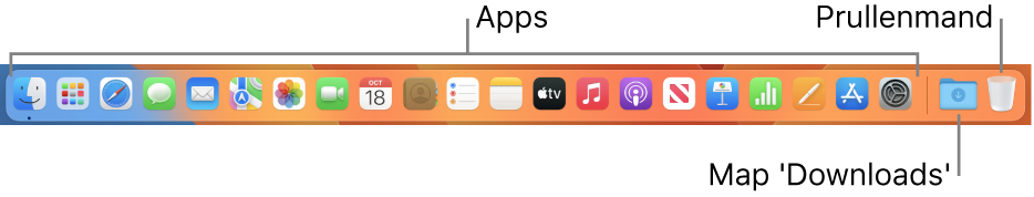 Het Dock met symbolen voor apps, de stapel 'Downloads' en de prullenmand.