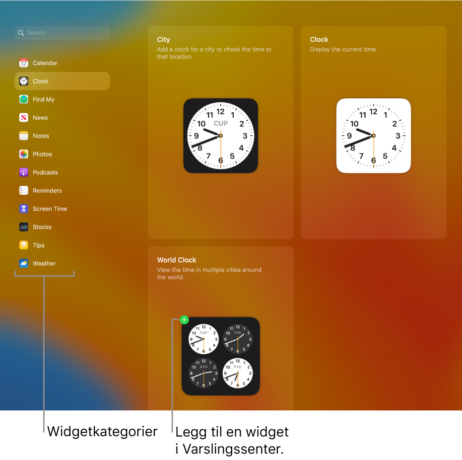 Listen over widget-kategorier, hvor Klokke-kategorien er markert. By-, Klokke- og Verdensklokke-widgetene vises. Et grønt plusstegn på Verdensklokke indikerer at den kan legges til i Varslingssenter.