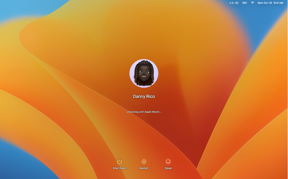 Ekran automatycznego odblokowywania z widocznym na środku komunikatem informującym o odblokowaniu Maca przy użyciu Apple Watch.
