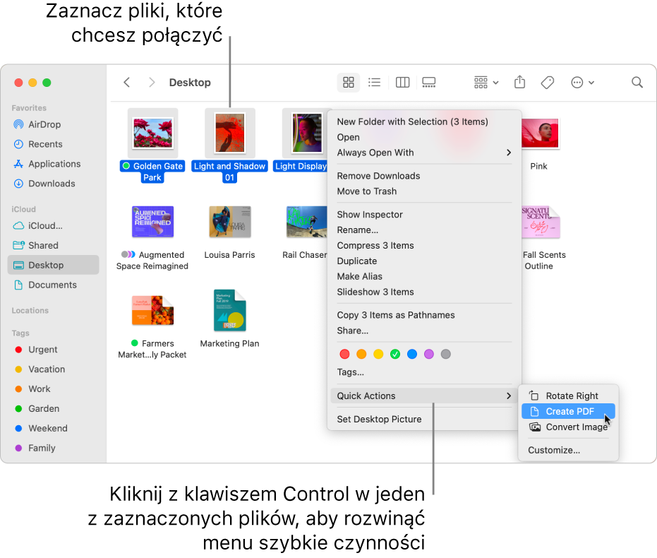 Okno Findera zawierające pliki i foldery. Trzy pliki są zaznaczone, a w menu szybkich czynności wyróżnione jest polecenie Utwórz PDF.