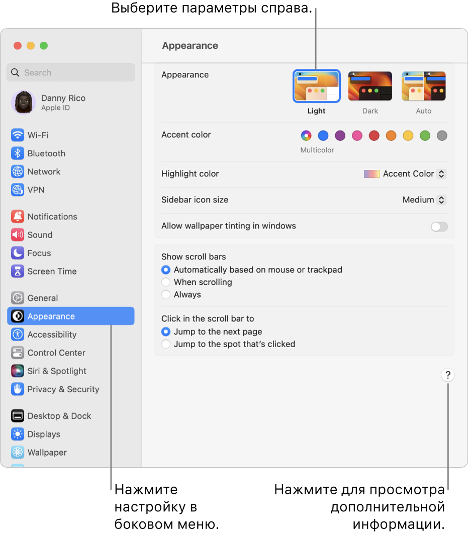 Окно Системных настроек. В боковом меню выбран раздел «Оформление», справа отображаются параметры раздела «Оформление».