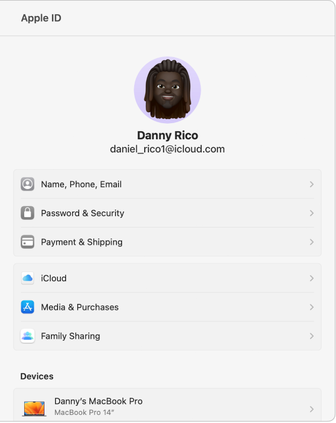 การตั้งค่า Apple ID ที่แสดงรูปภาพและชื่อ Apple ID ของผู้ใช้ที่ด้านบนสุด และตัวเลือกบัญชีประเภทอื่นๆ ที่คุณสามารถตั้งค่าและใช้ได้ที่ด้านล่าง