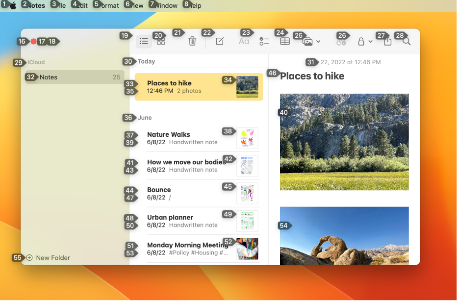 ส่วนที่อยู่ทางซ้ายของแถบเมนูที่แสดงหมายเลขถัดจากแต่ละรายการในแถบเมนู ด้านล่างแถบเมนูเป็นหน้าต่างการตั้งค่าการสั่งการด้วยเสียงซึ่งแสดงหมายเลขถัดจากการควบคุม UI แต่ละรายการ