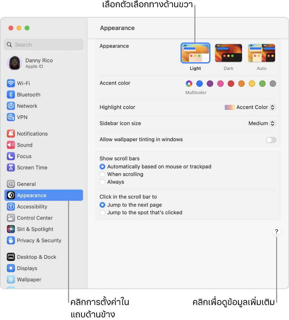 หน้าต่างการตั้งค่าระบบที่มีการตั้งค่ารูปแบบถูกเลือกอยู่ในแถบด้านข้าง และตัวเลือกรูปแบบอยู่ทางด้านขวา