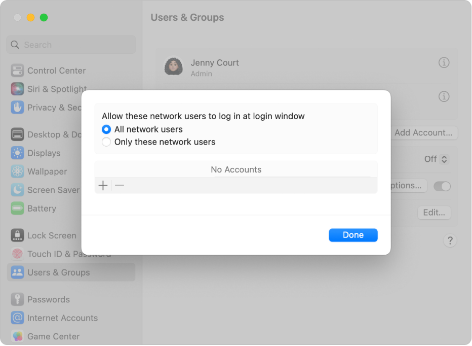 Ağ kullanıcıları için oturum açma seçeneklerini gösteren Kullanıcılar ve Gruplar ayarları.