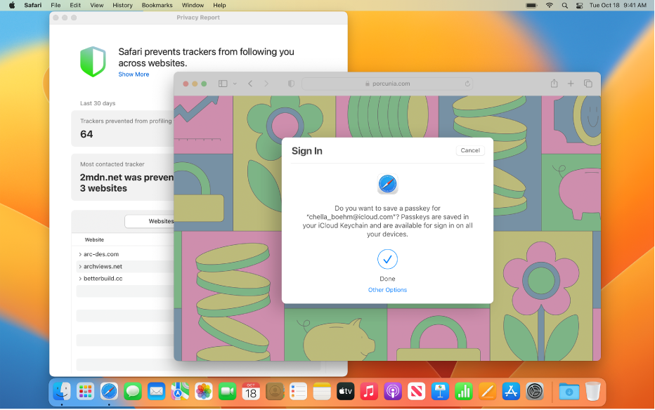 Mac 桌面顯示兩個已開啟的視窗:Safari「私隱報告」,以及顯示「登入」對話框的 Safari 視窗,該對話框詢問用户是否要儲存通行密匙。