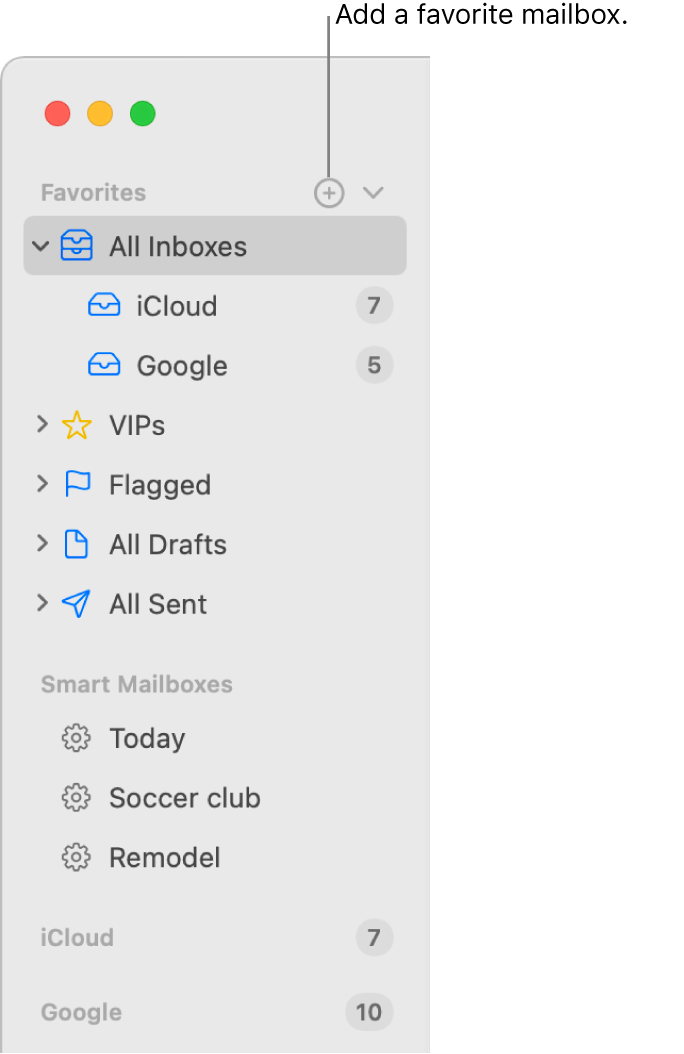 The Mail sidebar showing different accounts and mailboxes, and sections such as Favorites and Smart Mailboxes. At the top of the sidebar, click the button to the right of Favorites to add a mailbox to that section.