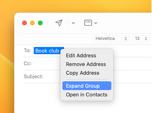 Email che include un elenco nel campo A e il menu a comparsa che mostra il comando “Espandi gruppo”.