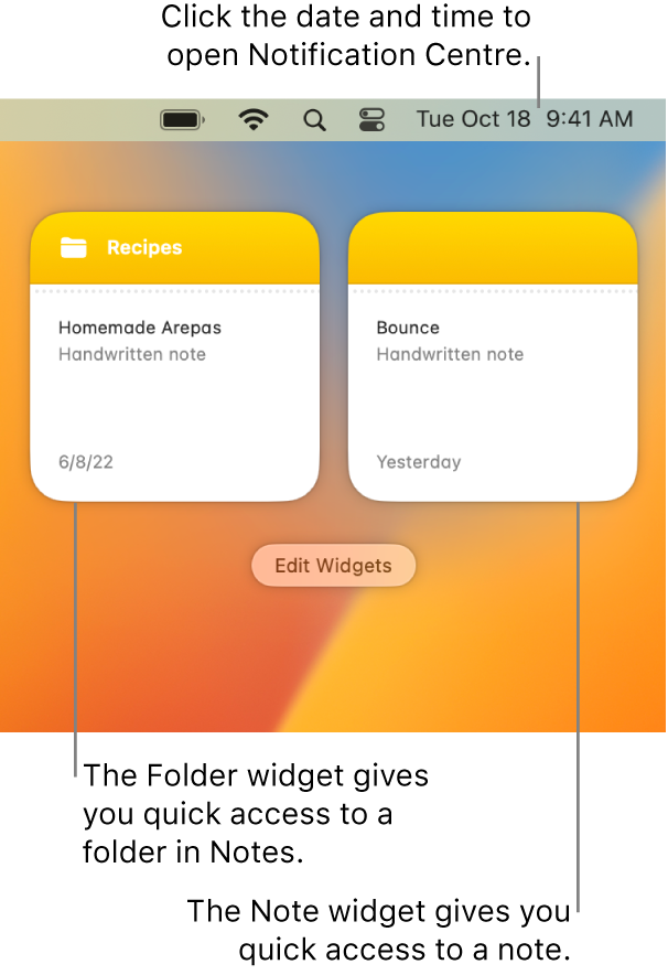 Two Notes widgets — the Folder widget shows a folder in Notes and the Note widget shows a note. Click the date and time in the menu bar to open Notification Centre.