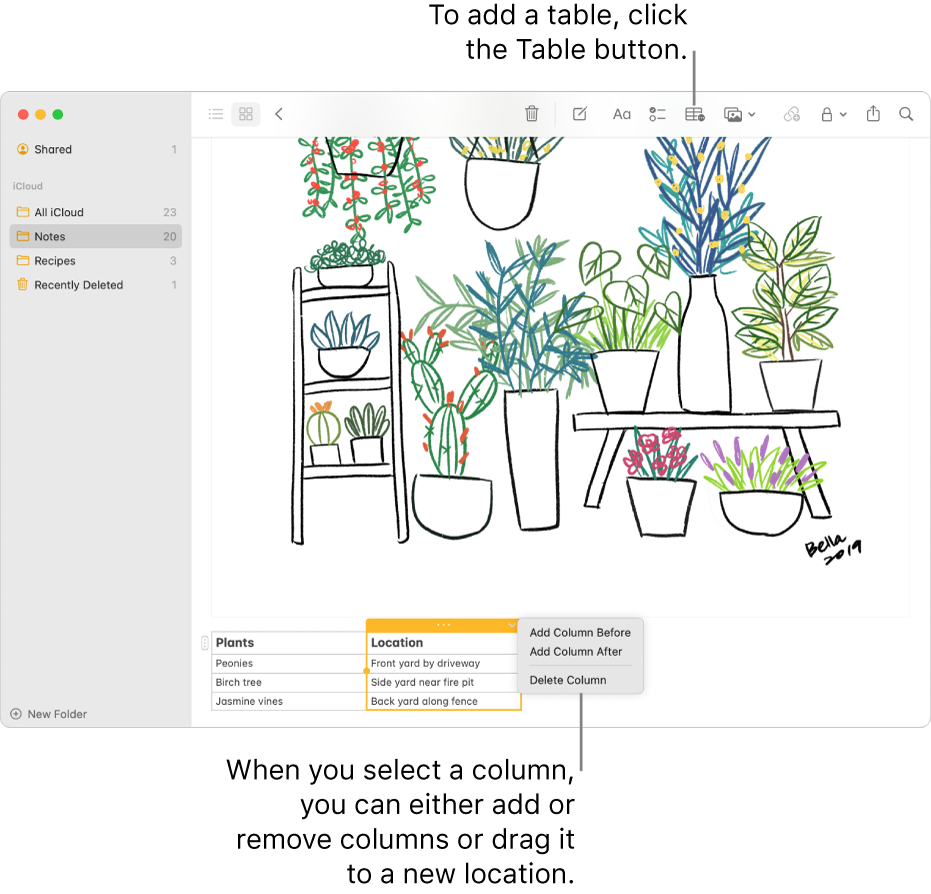 The Notes window showing the Table button — click it to add a table. Within the note content, a table column is selected so you can either add or remove columns or drag it to a new location.