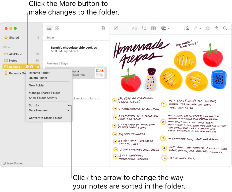 The Notes window with one folder in the sidebar showing the More button where you can make changes to a folder. Above the list of notes in the middle is the sort option, which changes the order of the notes—click the arrow to select a different sort order.