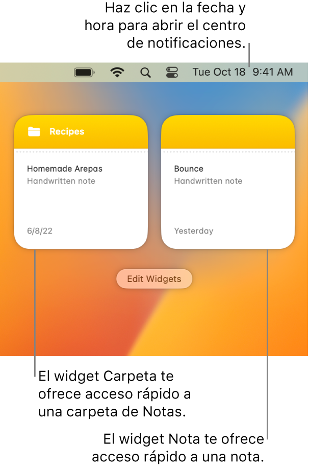 Dos widgets de Notas: el widget Carpeta muestra una carpeta en Notas y el widget Notas muestra una nota. Haz clic en la fecha y la hora en la barra de menús para abrir el Centro de notificaciones.