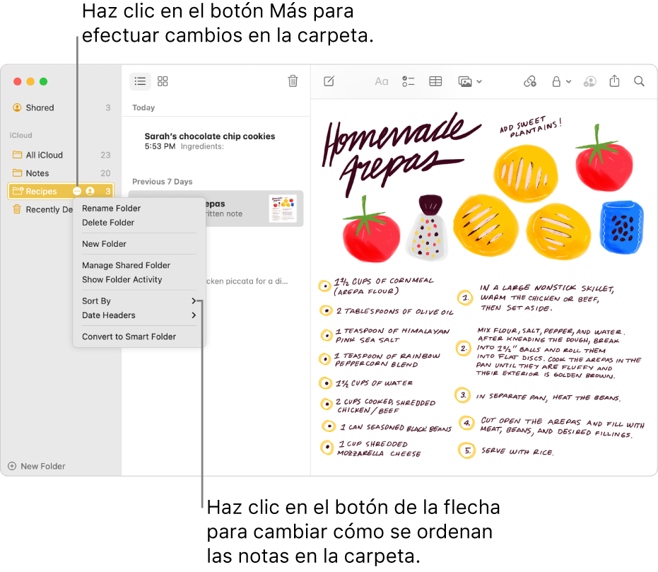 La ventana Notas con una carpeta en la barra lateral que muestra el botón Más, que permite hacer cambios en una carpeta. Sobre la lista de notas que hay en el medio está la opción de clasificación, que cambia el orden de las notas (haz clic en la flecha para seleccionar un orden diferente).