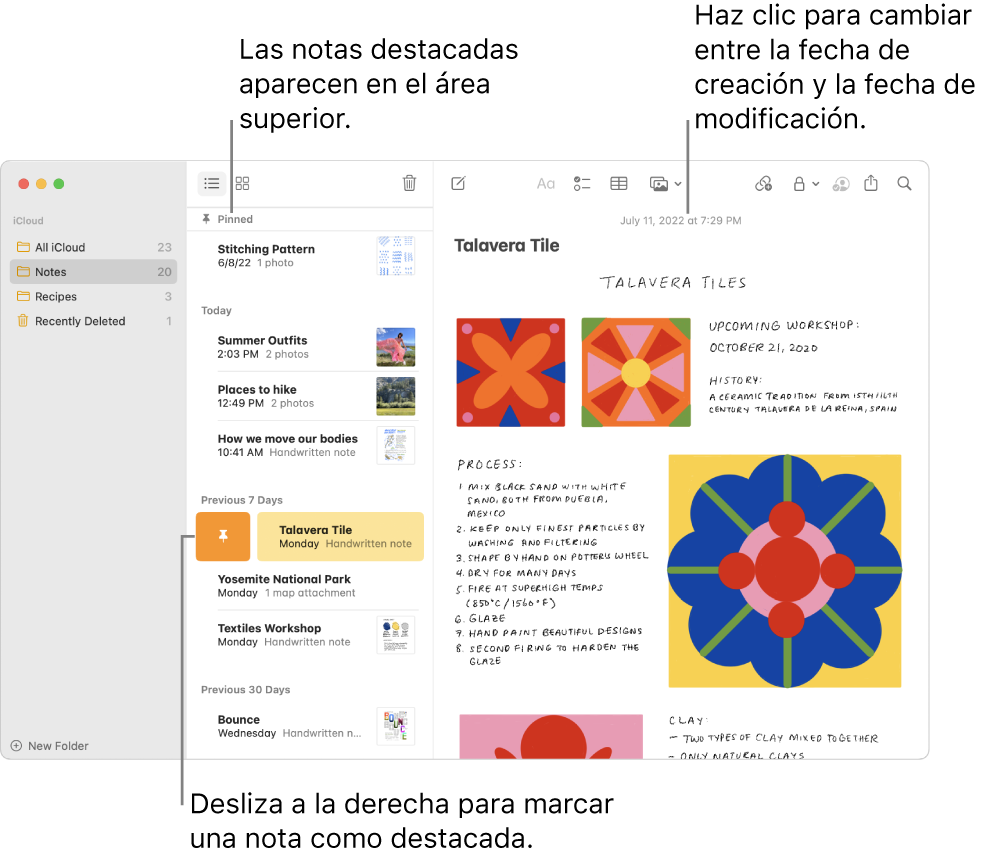 La ventana de Notas con la lista de notas a la izquierda, notas fijadas en la parte superior de la lista de notas y el botón Fijar en una nota. El contenido de dicha nota aparece a la derecha, con la fecha en la parte superior; haz clic en la fecha para cambiar entre la fecha de creación y la fecha de edición.