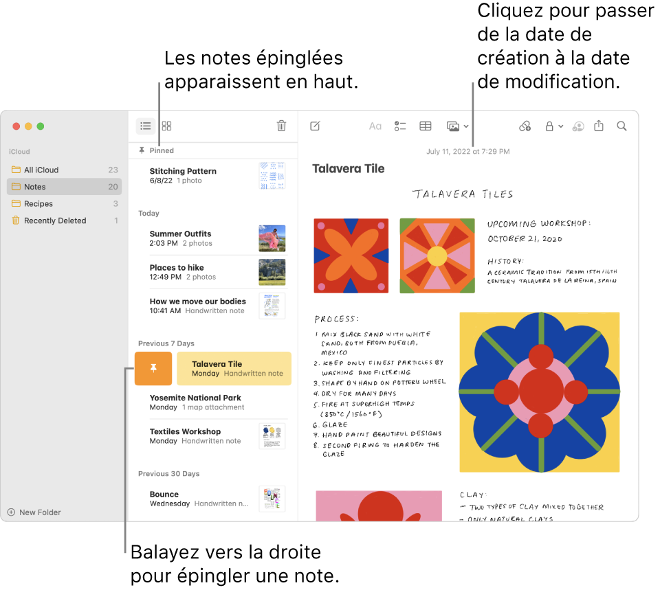 La fenêtre Notes avec la liste des notes à gauche, des notes épinglées en haut de la liste des notes et le bouton Épingler sur une note. Le contenu de cette note s’affiche sur la droite avec la date en haut; cliquez sur la date pour basculer entre la date de création et la date de dernière modification.