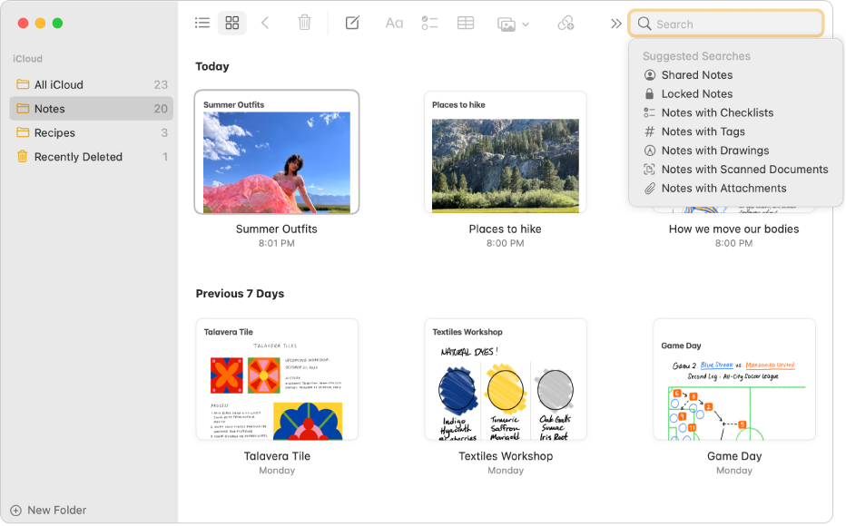 Notes au mode galerie, présentant le contenu de chacune dans une vignette. Les suggestions de recherche apparaissent dans le coin supérieur droit, en tant que notes verrouillées et notes avec pièces jointes.