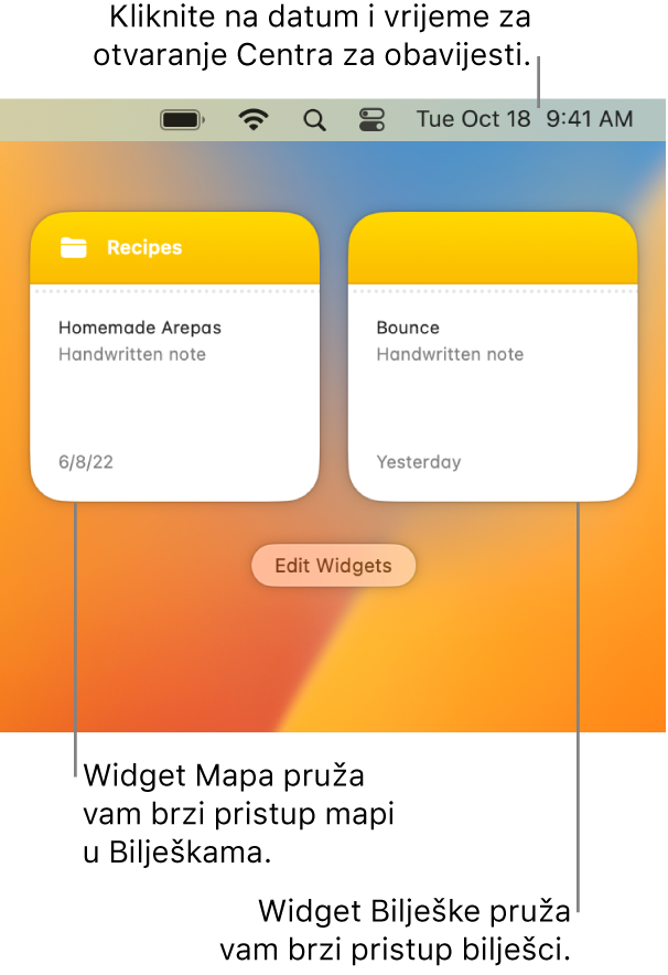 Dva widgeta za Bilješke – widget Mapa prikazuje mapu u Bilješkama, a widget Bilješka prikazuje bilješku. Kliknite na datum i vrijeme na traci s izbornicima za otvaranje Centra za obavijesti.