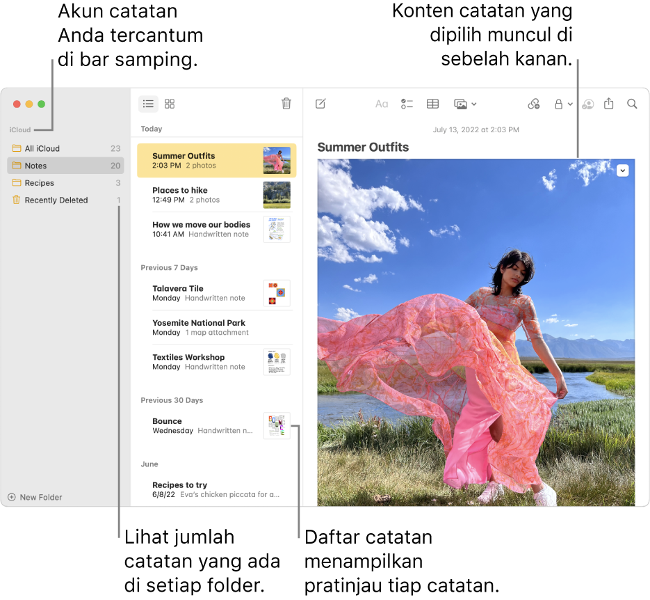 Jendela Catatan dengan semua akun serta folder Anda yang dikonfigurasikan tercantum di bar samping di kikir, daftar catatan di tengah menampilkan pratinjau tiap catatan, dan konten catatan yang dipilih muncul di kanan. Jumlah catatan muncul di samping tiap folder.