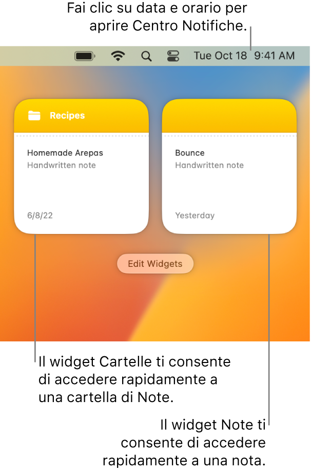 Due widget di Notes: il widget Cartella, che mostra una cartella di Note, e il widget Nota, che mostra una nota. Fai clic su data e ora nella barra dei menu per aprire Centro Notifiche.