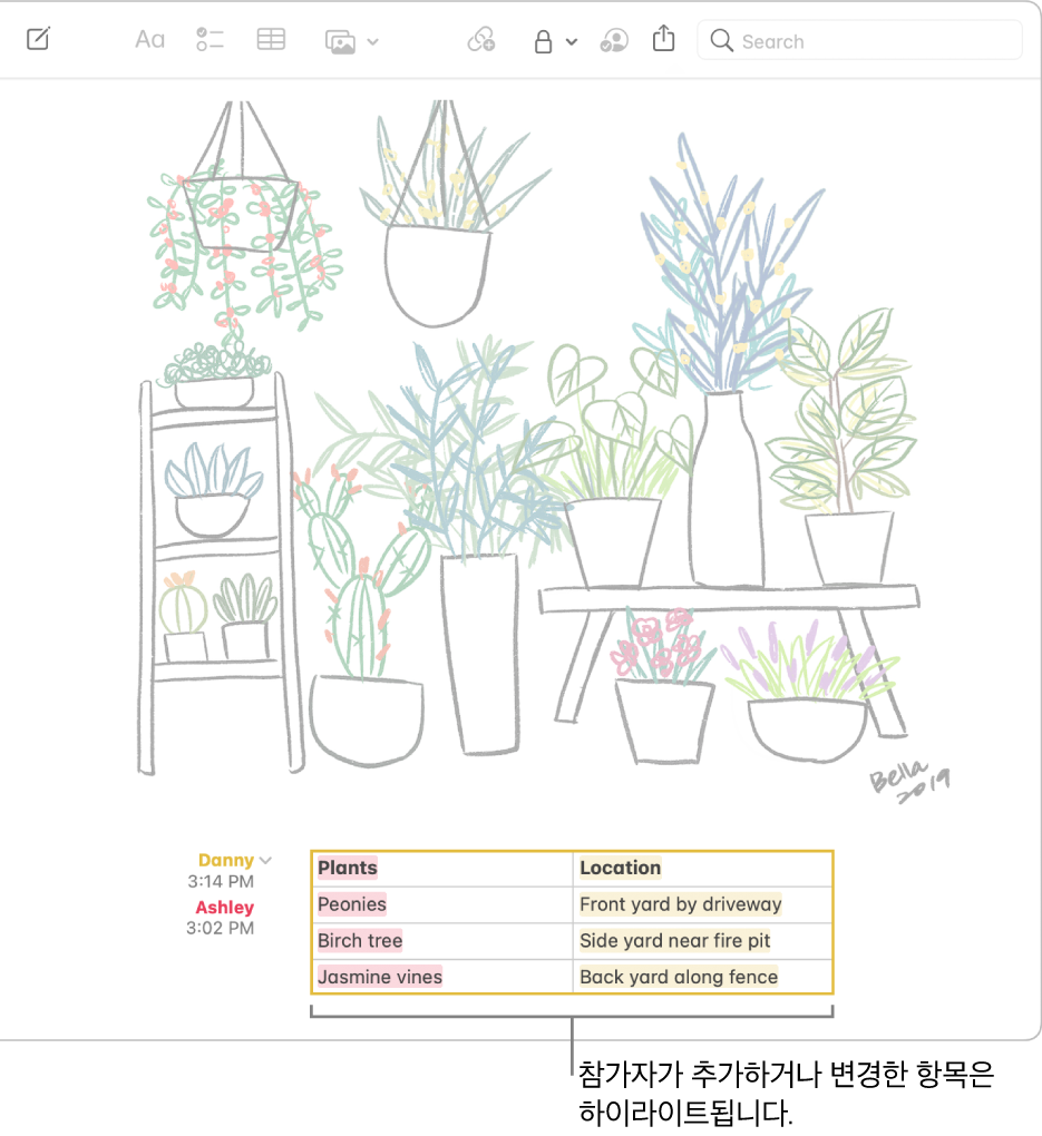 집 주변의 식물 목록과 그 위치를 보여주는 표가 있는 메모. 다른 참가자가 변경한 내용이 하이라이트됨.