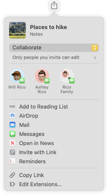 메모를 공유하기 위한 초대를 보내는 방법을 선택할 수 있는 메모 공유 대화상자.
