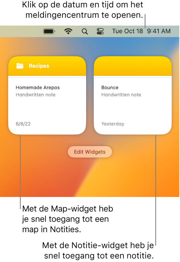 Twee Notities-widgets: de Map-widget met een map in Notities en de Notitie-widget met een notitie. Klik op de datum en tijd in de menubalk om het meldingencentrum te openen.