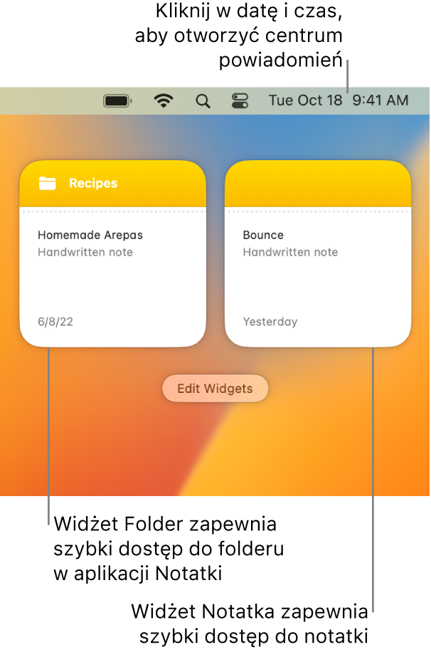 Dwa widżety Notatek — widżet Folder pokazuje folder w Notatkach, natomiast widżet Notatka pokazuje notatkę. Kliknij w datę i godzinę na pasku menu, aby otworzyć centrum powiadomień.